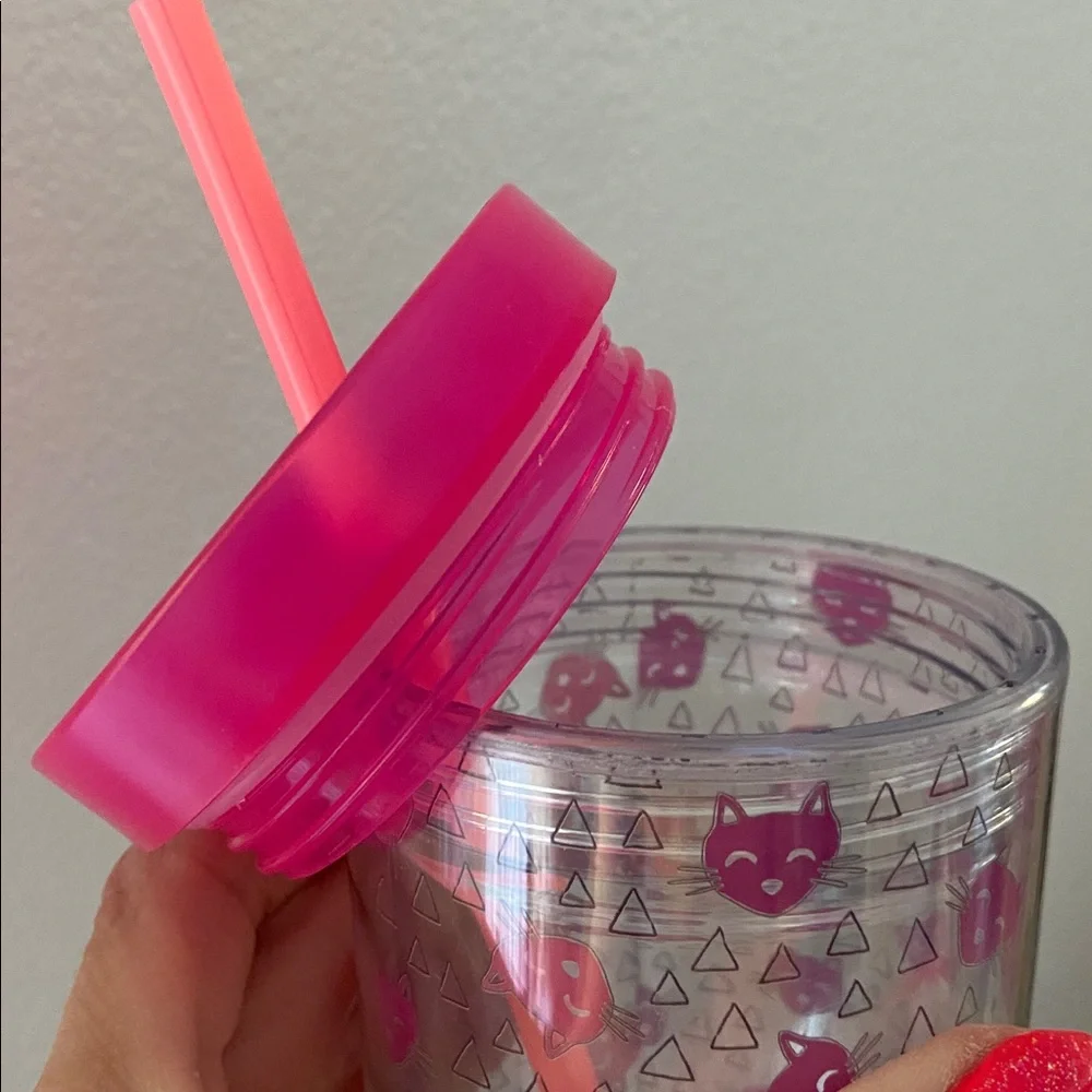 Target cat print tumbler drinking water cup with straw kitty graphic pink clear